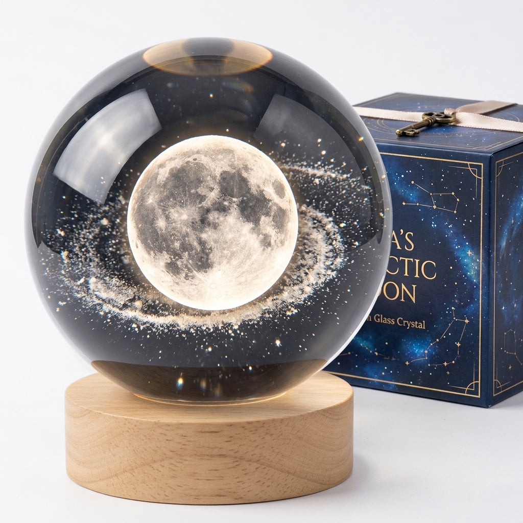Beautiful 3D Crystal Ball LED Table Lamp With Laser Engraved Solar System Or Galaxy Design On Wooden Base