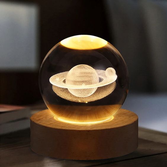 Beautiful 3D Crystal Ball LED Table Lamp With Laser Engraved Solar System Or Galaxy Design On Wooden Base