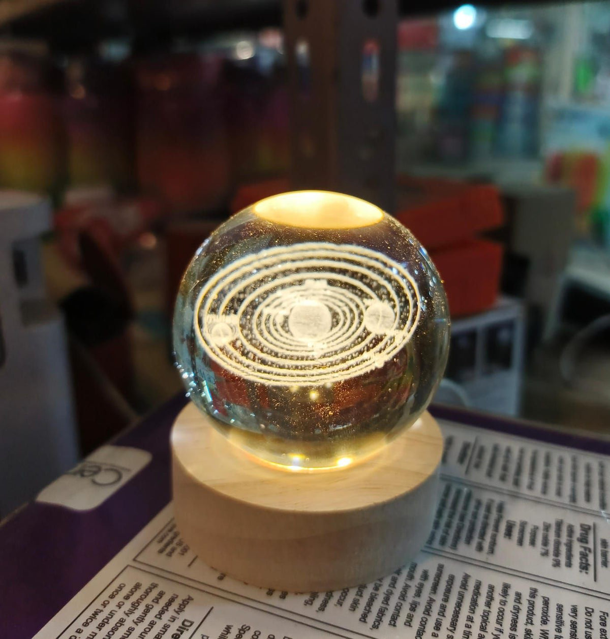 Beautiful 3D Crystal Ball LED Table Lamp With Laser Engraved Solar System Or Galaxy Design On Wooden Base