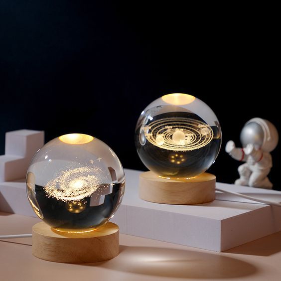 Beautiful 3D Crystal Ball LED Table Lamp With Laser Engraved Solar System Or Galaxy Design On Wooden Base