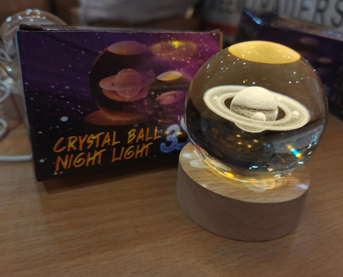 Beautiful 3D Crystal Ball LED Table Lamp With Laser Engraved Solar System Or Galaxy Design On Wooden Base