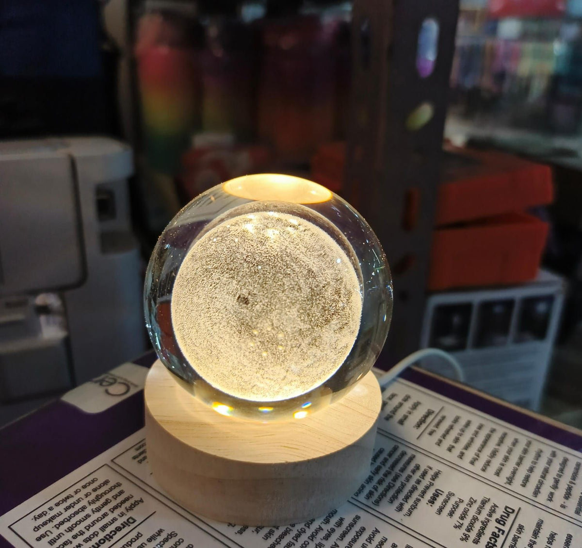 Beautiful 3D Crystal Ball LED Table Lamp With Laser Engraved Solar System Or Galaxy Design On Wooden Base